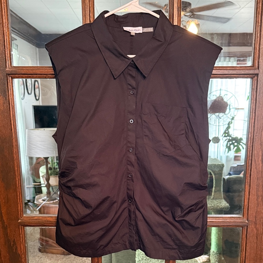 Calvin Klein Womens Sleeveless Ruched Buttonโ Down Shirt Black Large Officecore